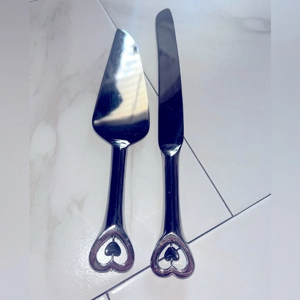 Set of Cake Cutting  Serving Utensils Silver Chrome Hearts Wedding Special